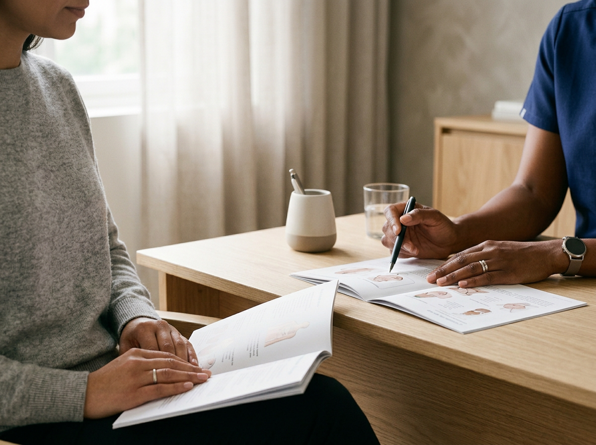 A person in a gray sweater and another person with a blue shirt sitting at a wooden table having a discussion, with books and papers in front of them.