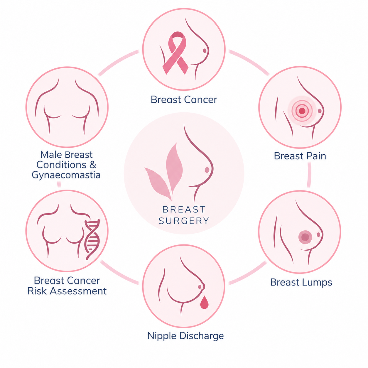 Diagram showing various breast health issues and treatments, including breast cancer, breast pain, breast lumps, nipple discharge, risk assessment, male breast conditions, and breast surgery.