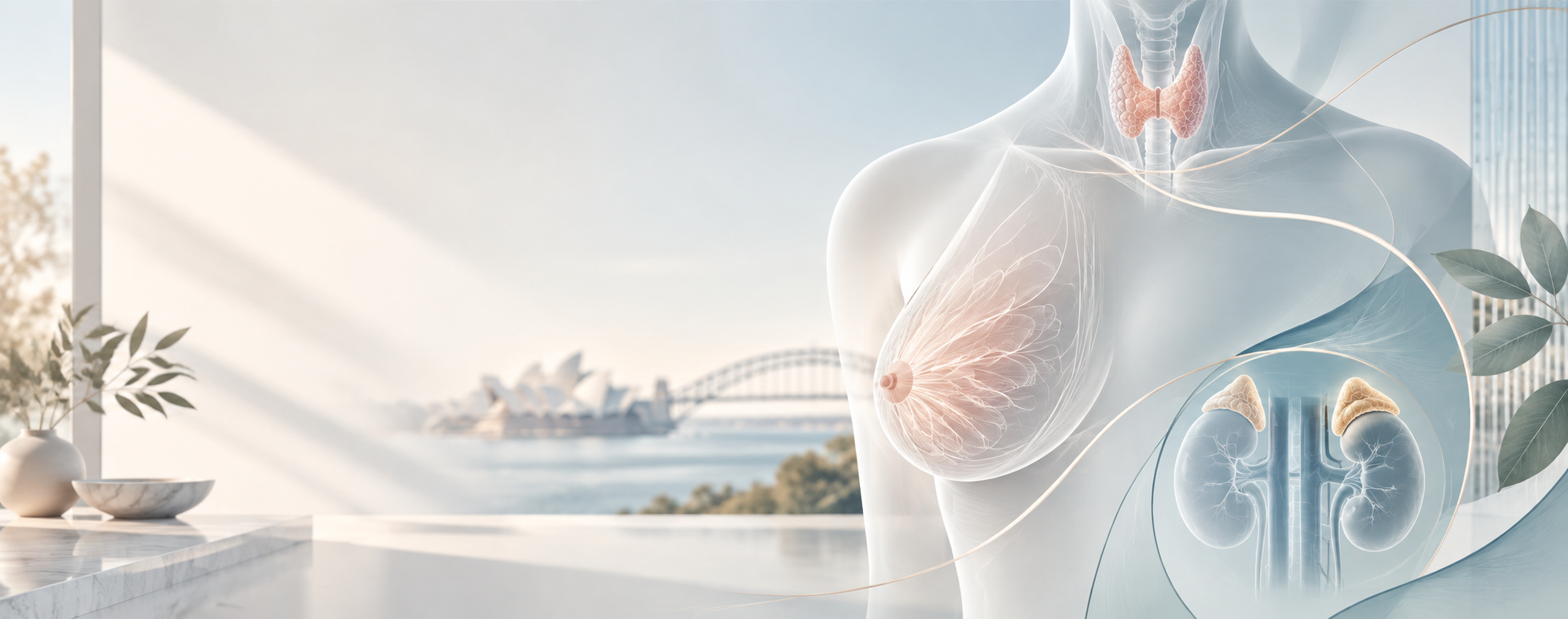 A semi-transparent digital illustration of a woman's upper body showing her internal anatomy, including the thyroid gland, lungs, and kidneys, with a cityscape and Sydney Harbour Bridge in the background.