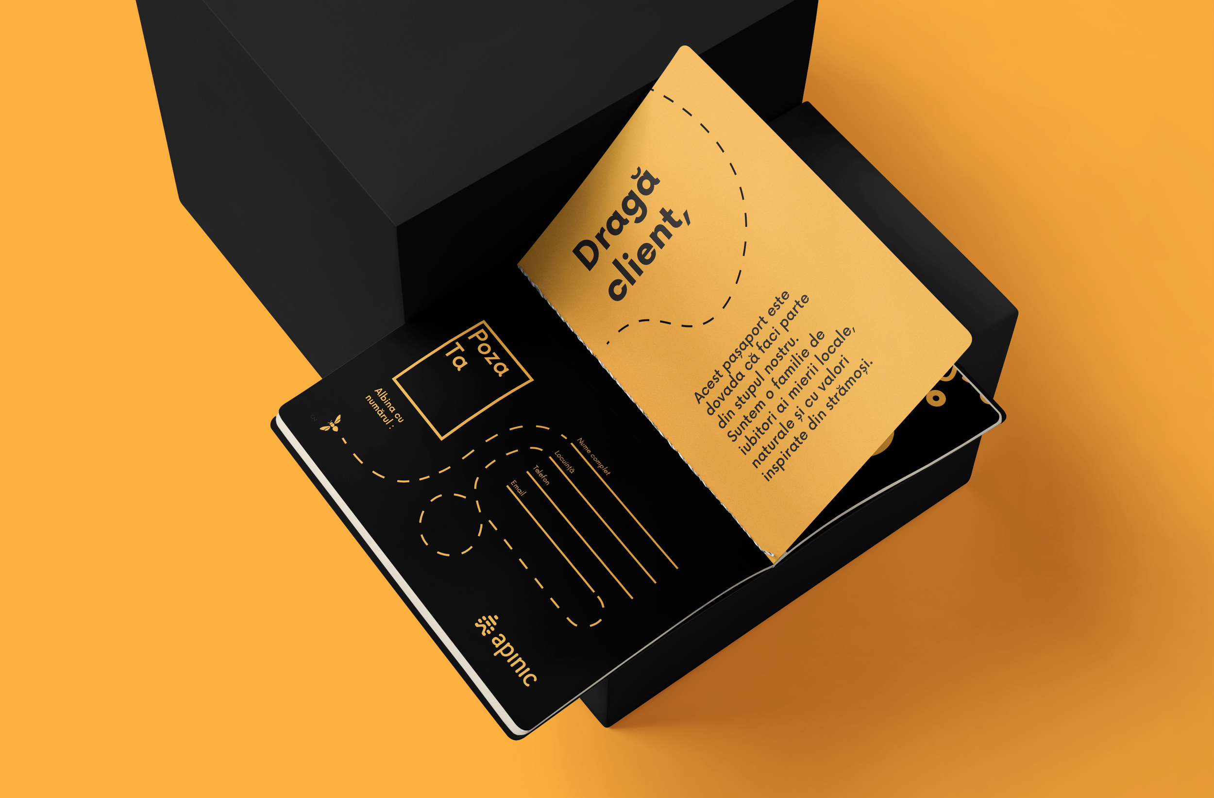 A black and orange card with a dotted path guiding to 'Drag here' and a form to fill out contact information. The card is partially inside a black box on an orange background.