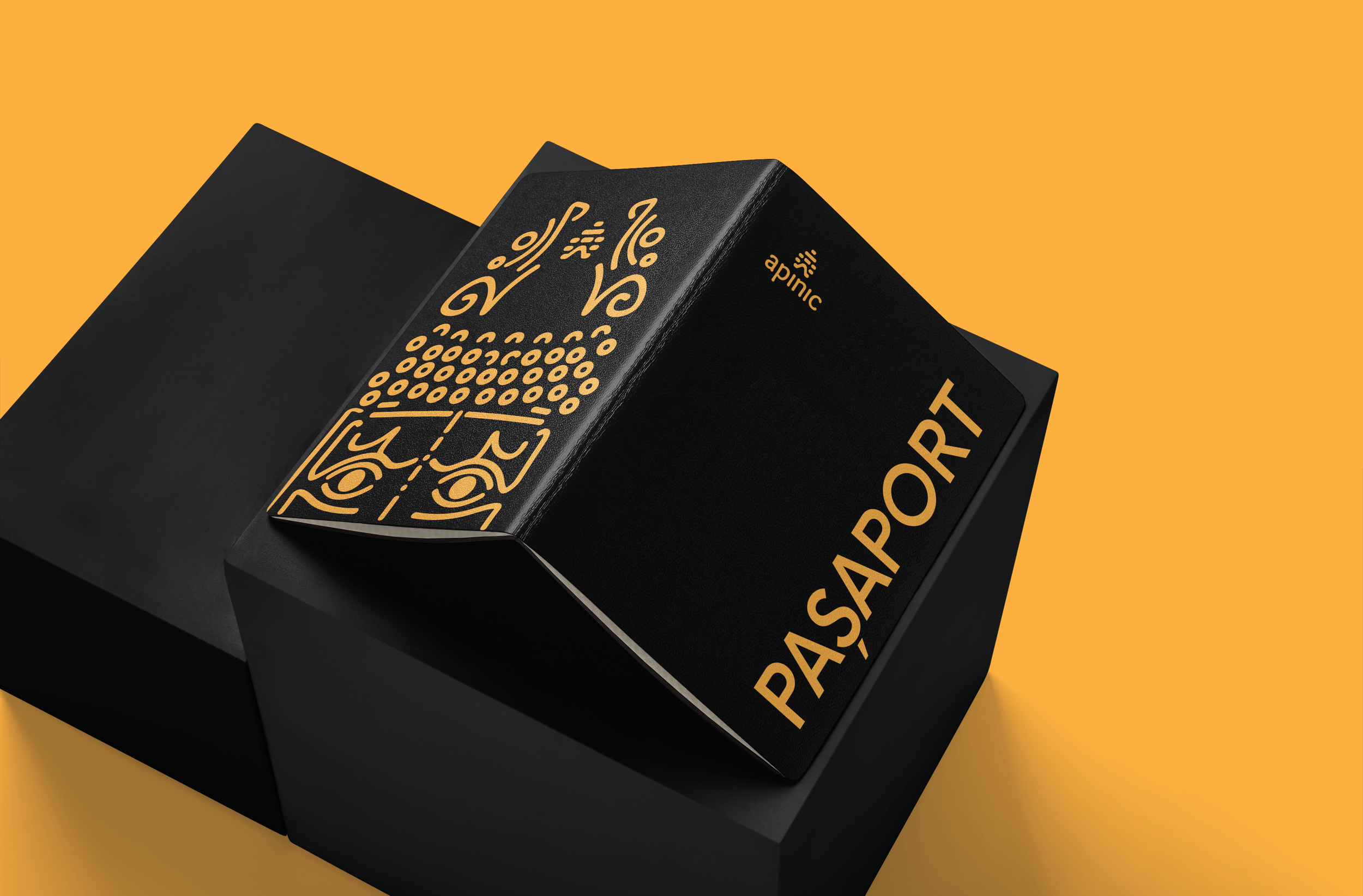 Close-up of a black box with gold design and text on a yellow background.