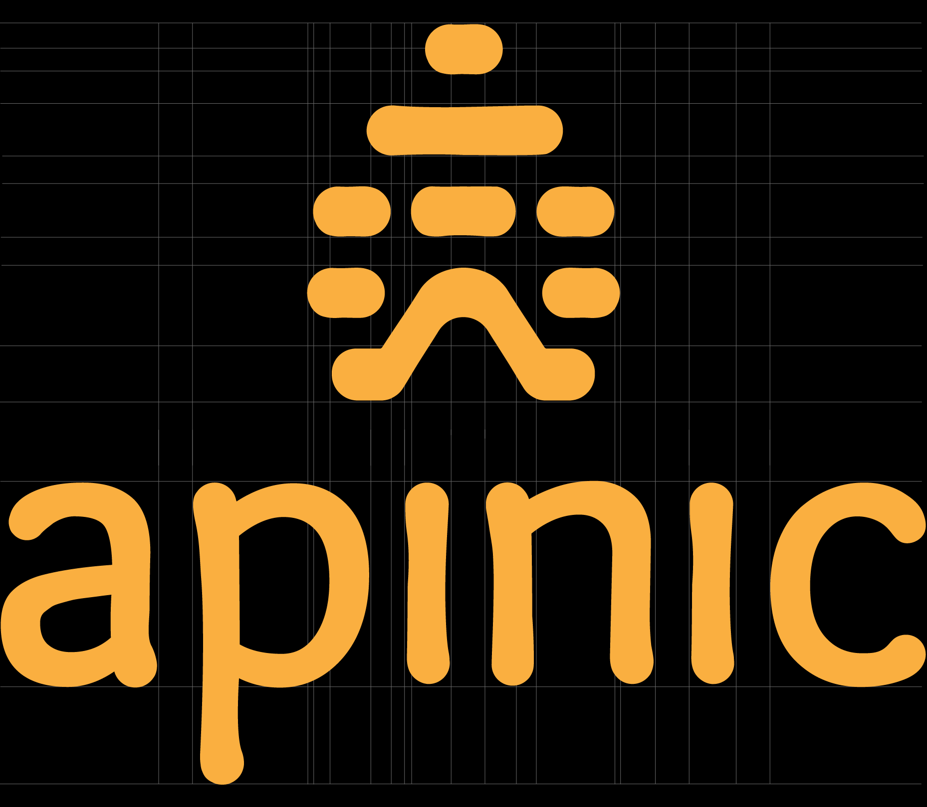 Close-up of a black background with a grid of faint white lines, featuring orange rounded rectangular and organic shapes and partial text that reads 'aplic' in large, rounded orange letters.