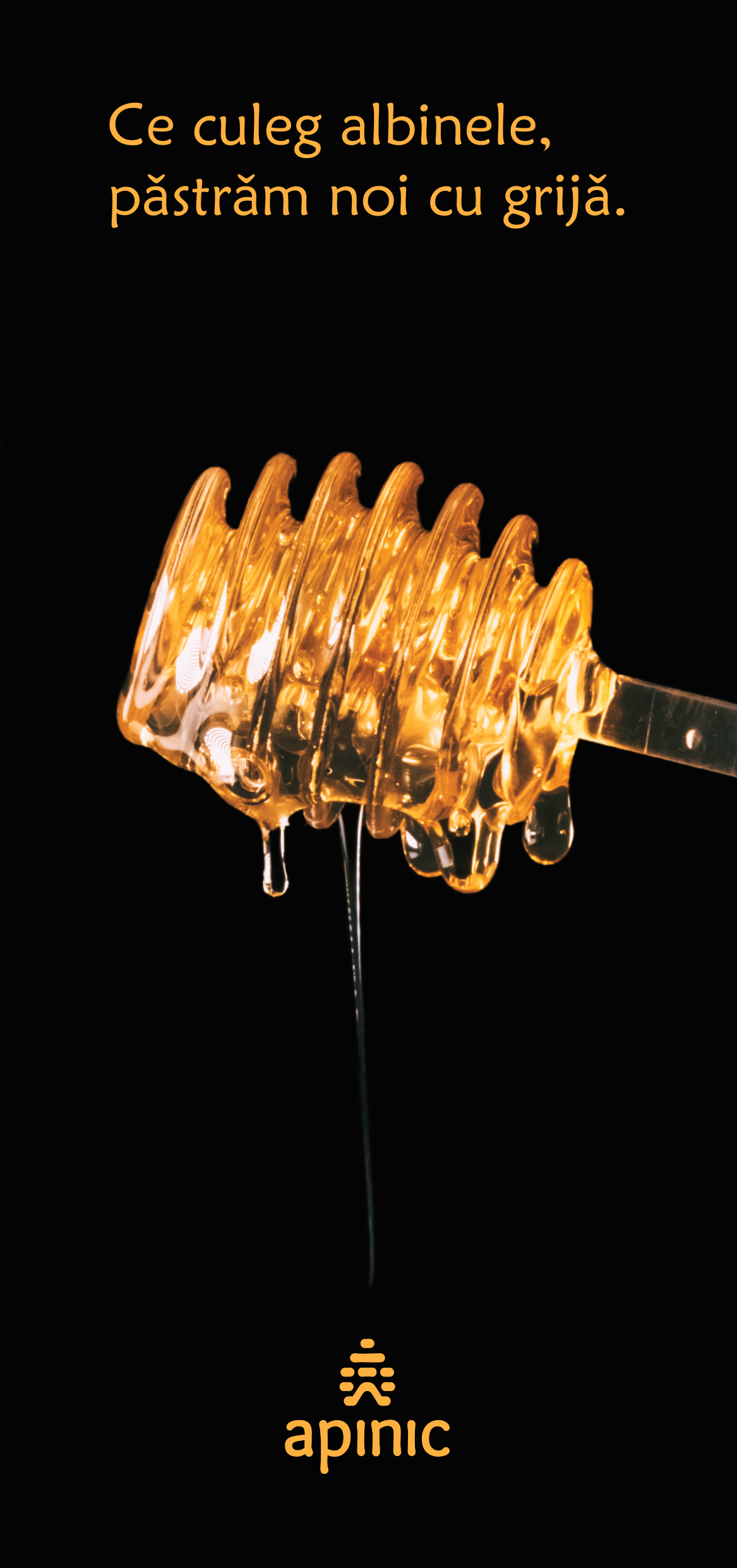 Glow-in-the-dark honey dipper with honey dripping, black background, orange text in Romanian, and APINIC logo at the bottom.