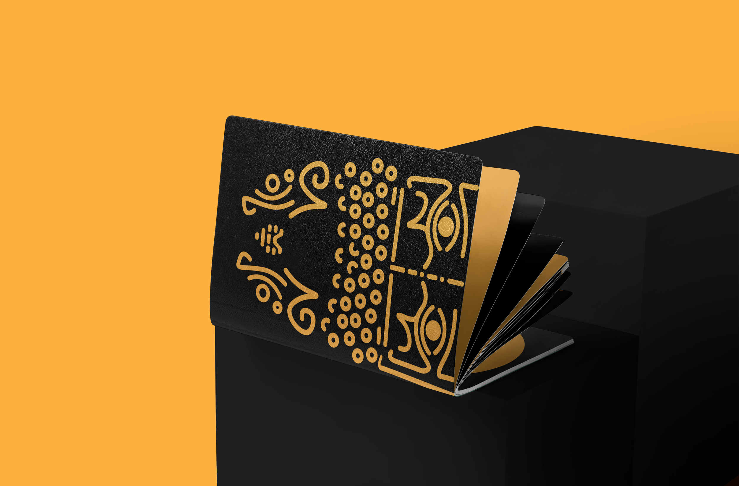 Black spa card with a gold line drawing of a face, set against a yellow background with a black stand.