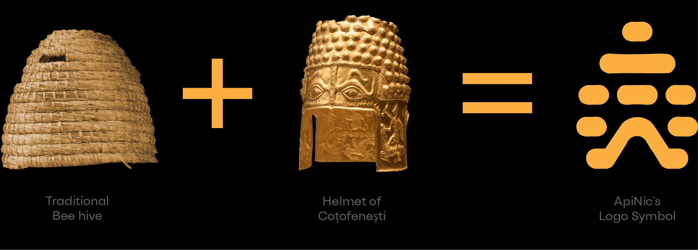 Diagram showing how a traditional bee hive plus a helmet of Çoṭofeništi equals the ApiNi's logo symbol.