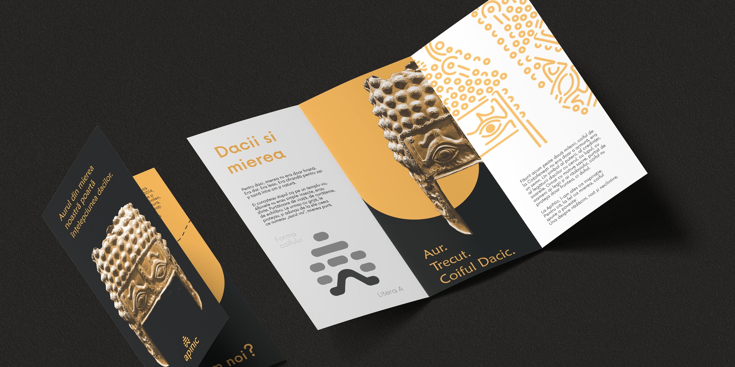 Brochure featuring an ancient gold artifact with detailed carvings, accompanied by text in Romanian and design elements in black, white, and gold.