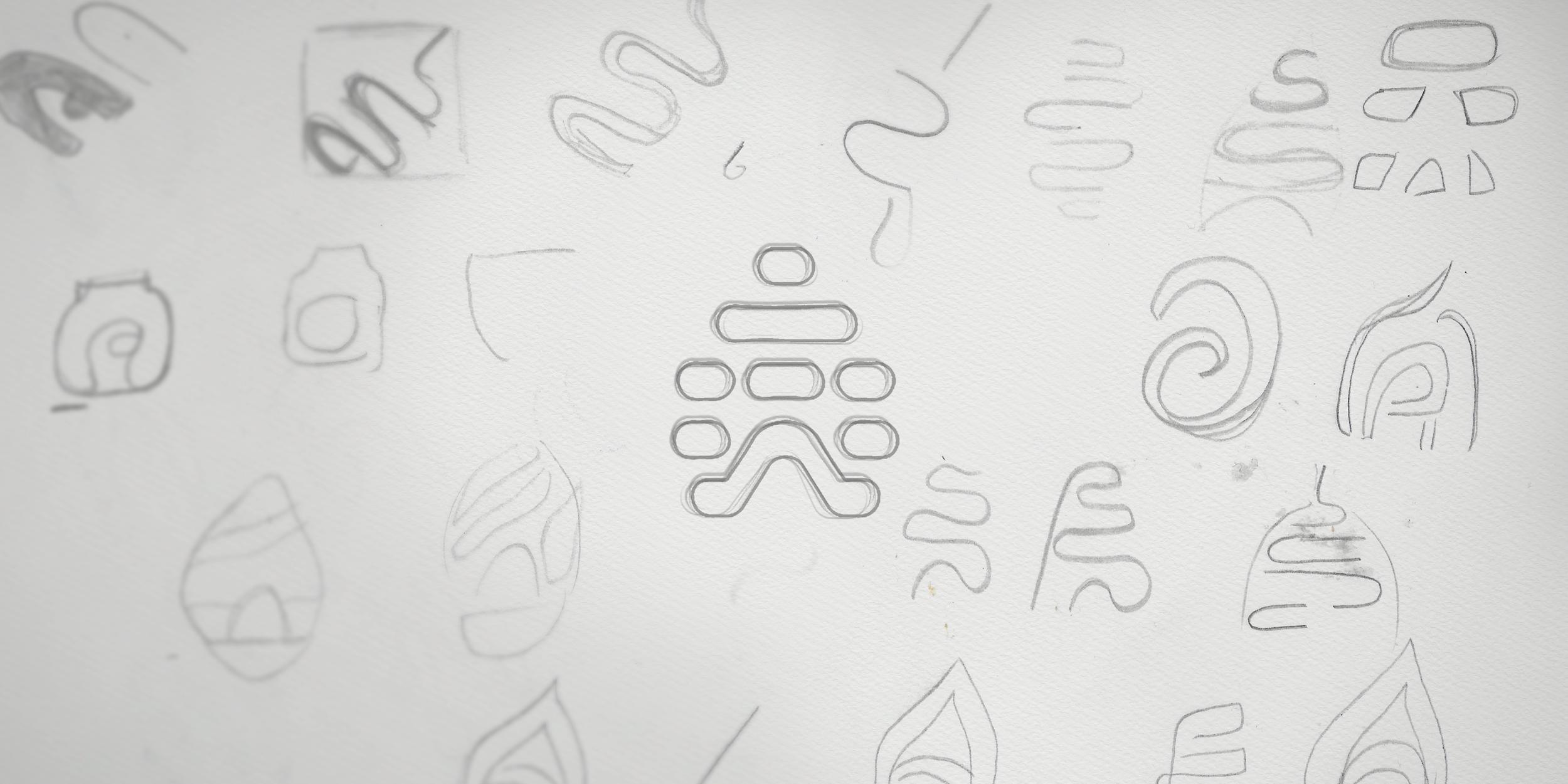 Multiple faint, abstract line drawings of various shapes and patterns on a white surface, resembling sketches or doodles. Some shapes appear to be stylized leaves or organic forms.