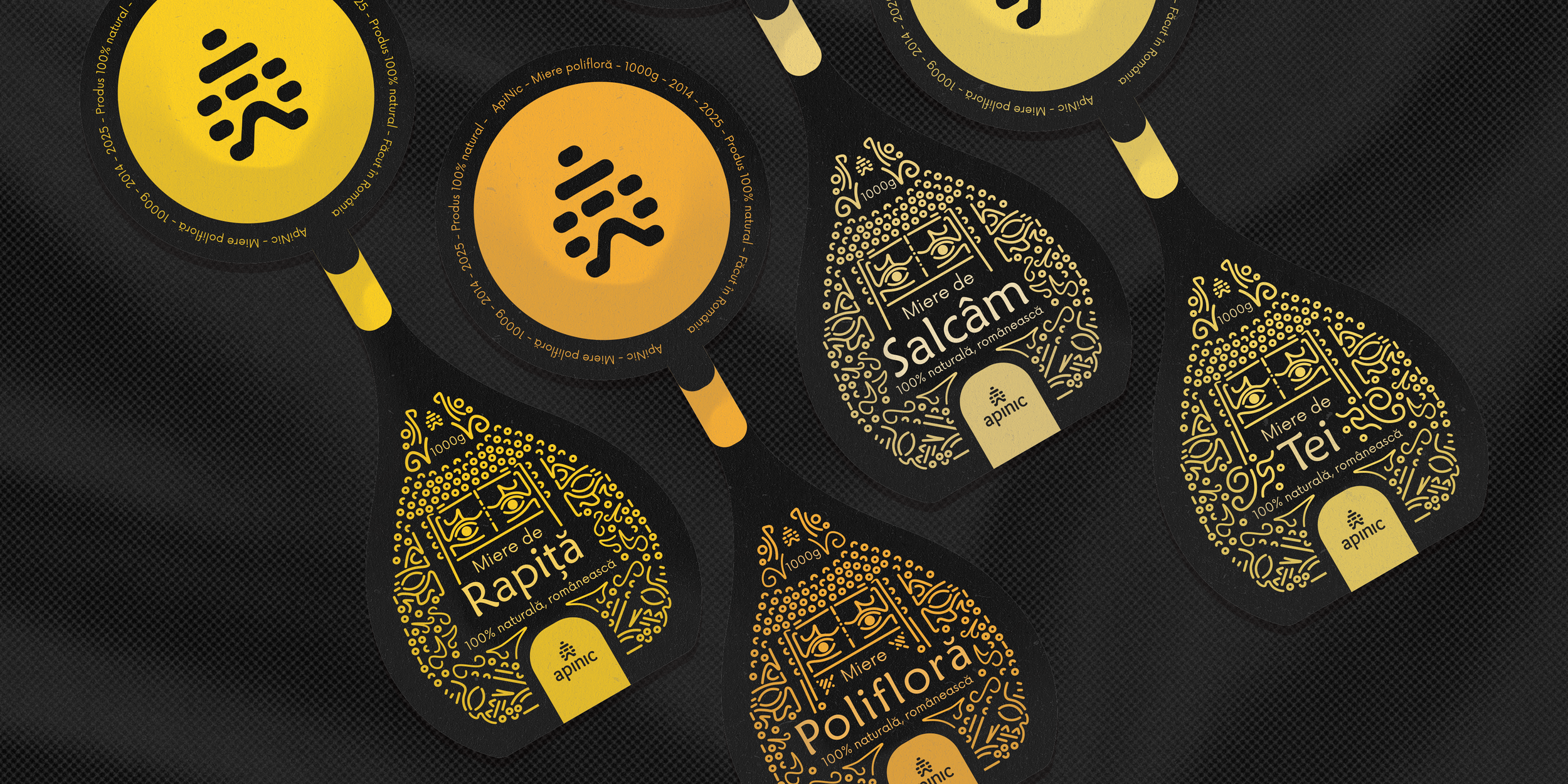 Close-up of honey labels featuring black backgrounds with yellow accents, displaying names like "Miere de Salcam," "Miere de Rapita," and "Miere de Tei," along with decorative designs and product details.