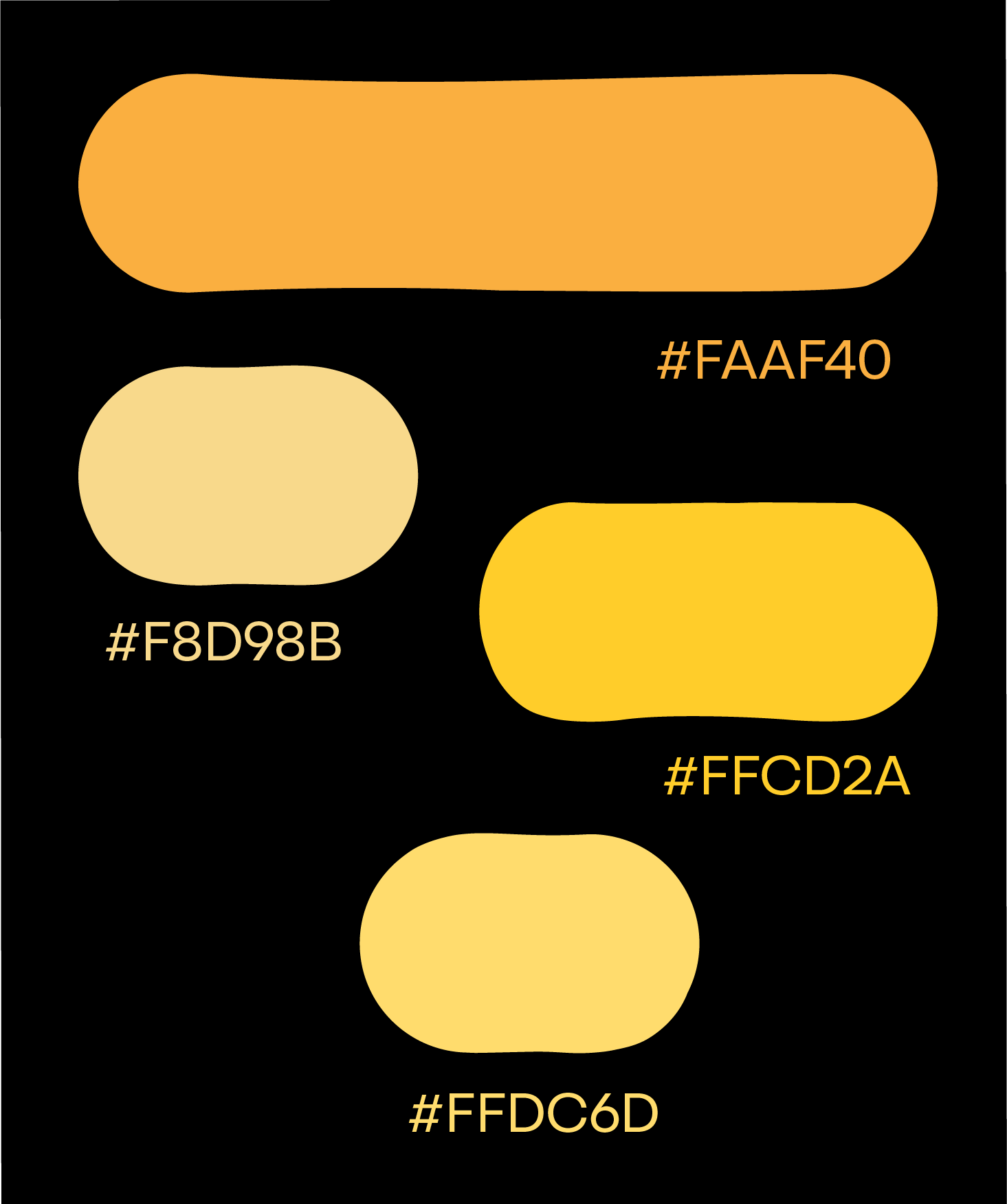 A digital color palette featuring yellow and orange shades with their hexadecimal codes on a black background.
