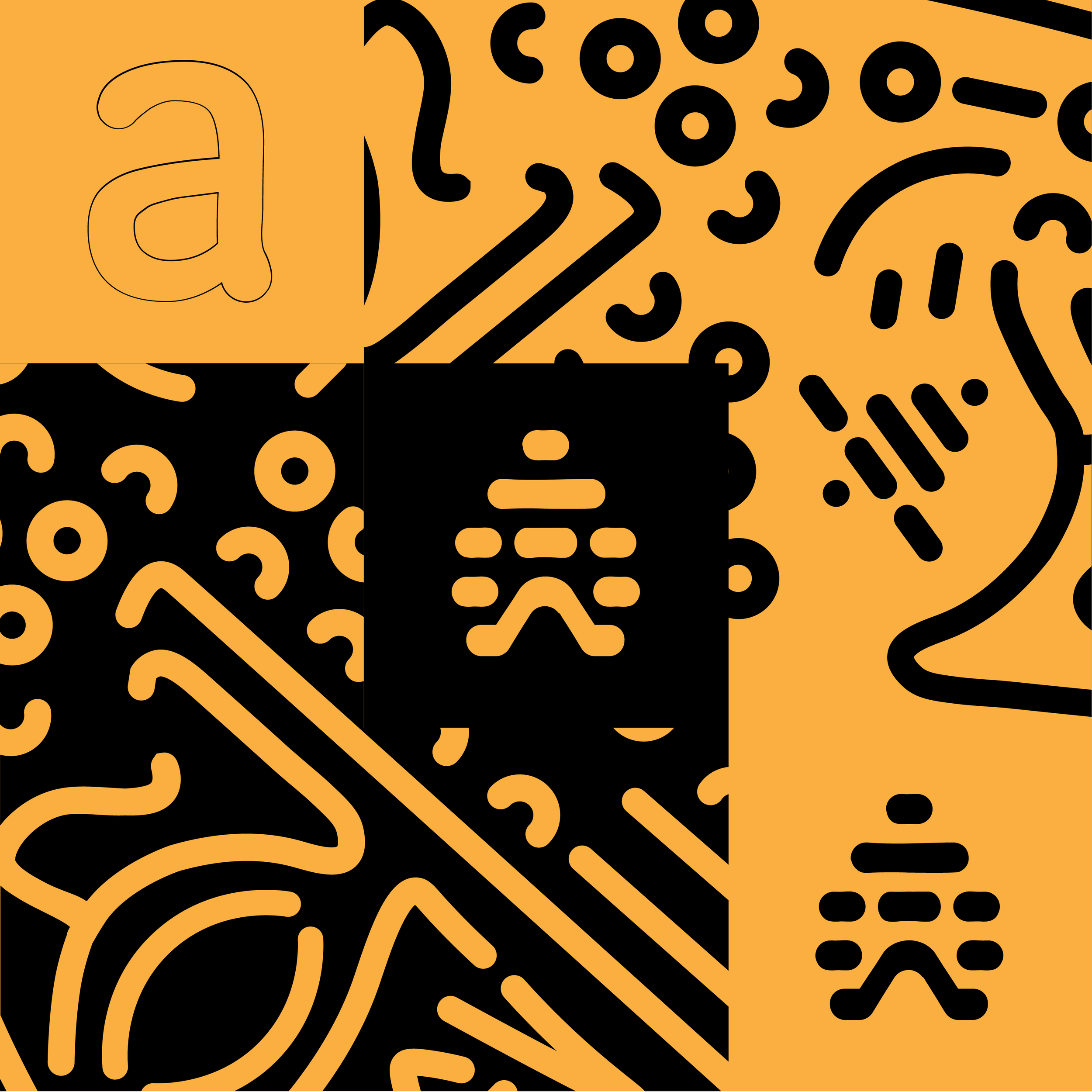 Abstract orange and black graphic with a large outlined letter 'a' on the left and various bold, black shapes and lines on an orange background.
