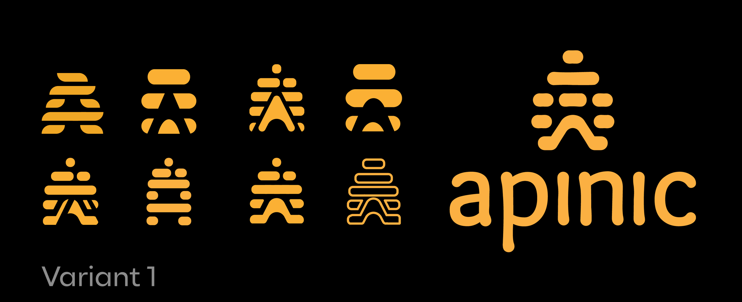Comparison chart of different stylized words created from the bottom line of a DNA strand design with repeating shapes, organized in rows labeled from Variant 1 to Variant 9, with the largest variant spelling out 'apnic' in orange.
