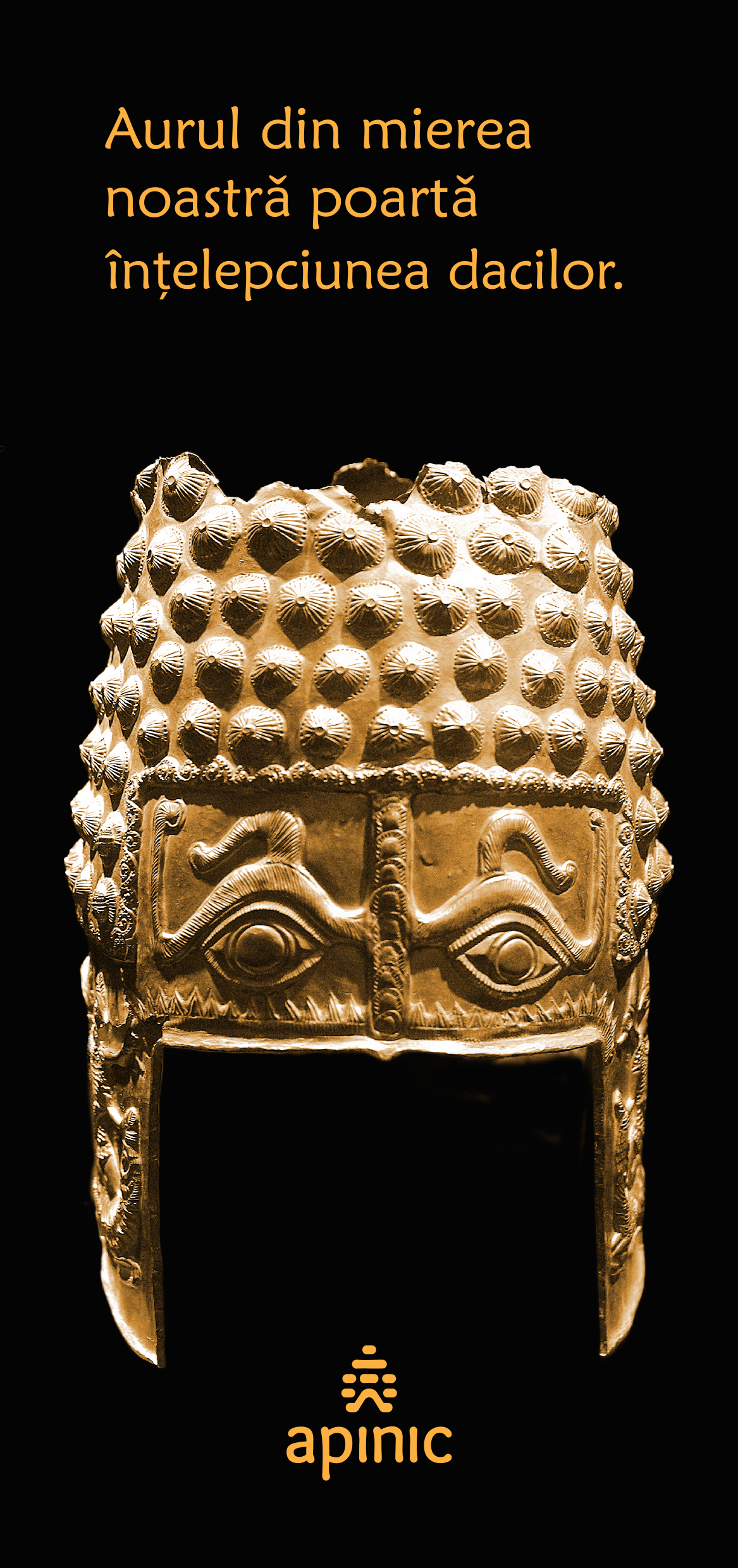 Close-up of an ornate, gold-colored ceremonial mask or headdress with intricate patterns, surrounded by black background, with an orange text in Romanian and a logo at the bottom.