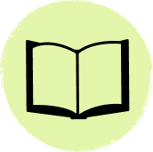 A line drawing of a book on a green circle.