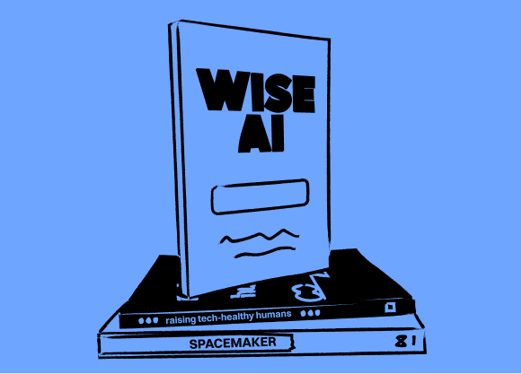 A line drawing of Daniel Sih's books stacked, with Wise AI standing ontop