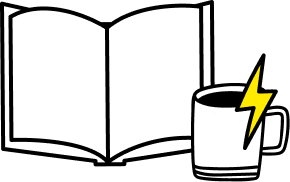 A line drawing of a book, coffee cup and lightning bolt