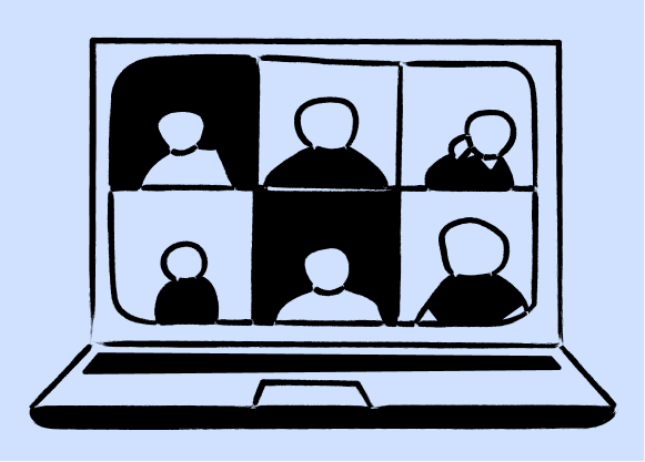 A line drawing of a laptop and zoom call