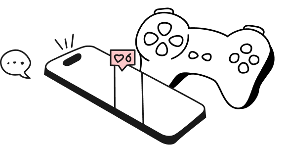 An illustration of a phone, message and game controller