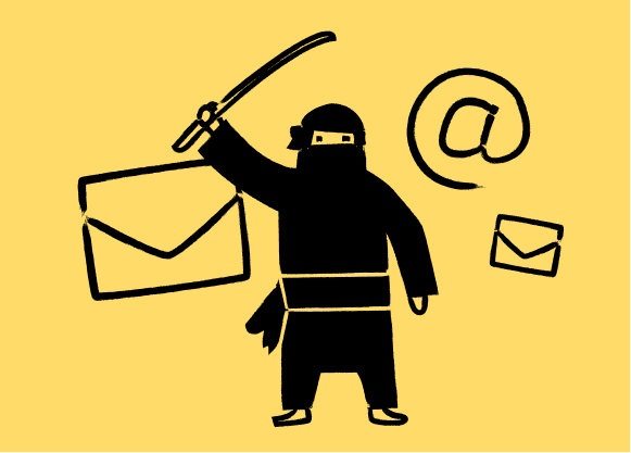 A line drawing of an envelope, and a ninja