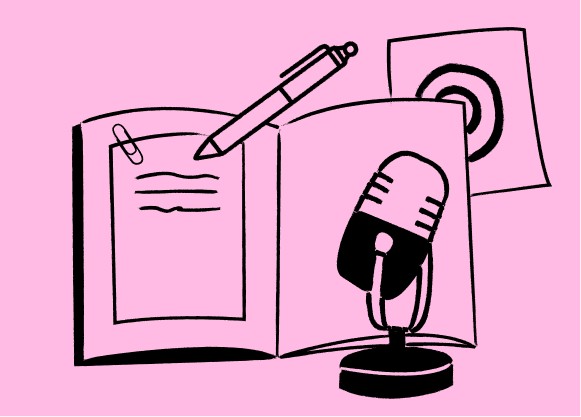 A line drawing of a pen, paper and microphone