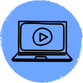 A line drawing of a laptop on a blue circle.