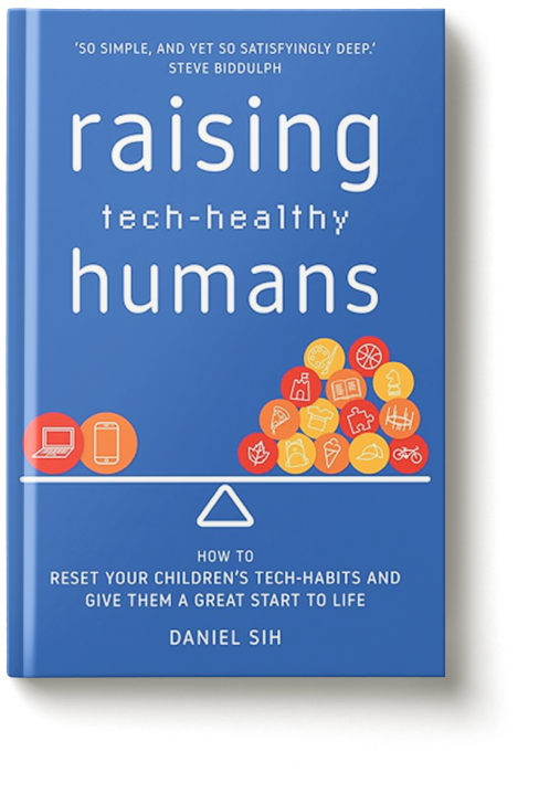 Book titled 'Raising Tech-Healthy Humans' by Daniel Sih with a blue cover featuring icons of digital devices and health-related symbols.