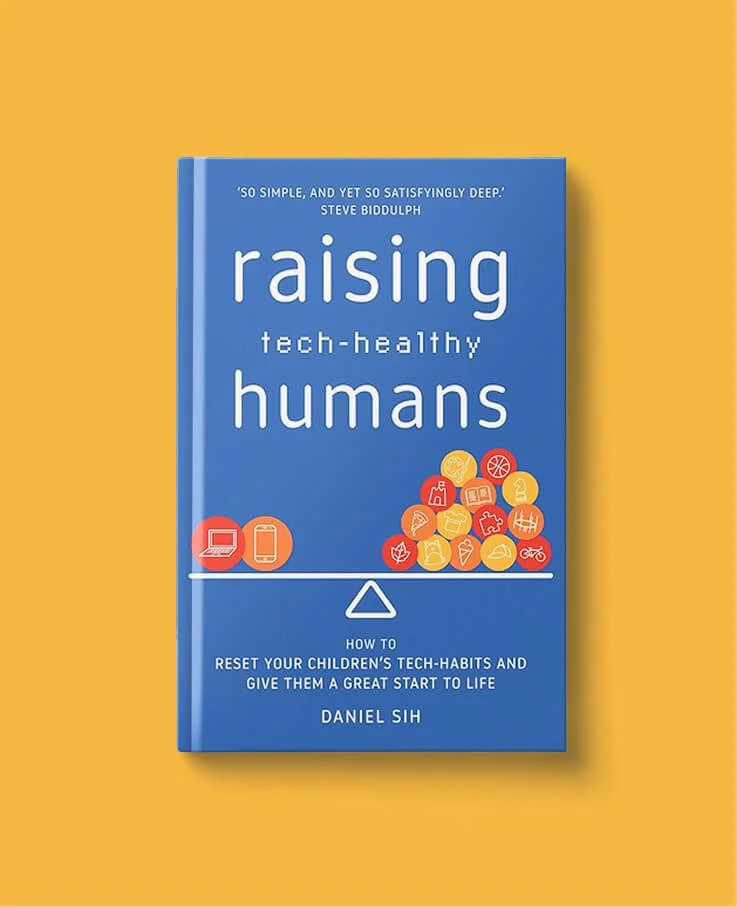 'Raising Tech-Healthy Humans' book on an orange background