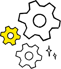 A line drawing of cogs