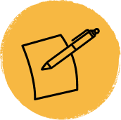 A line drawing of pen and paper on an orange circle.