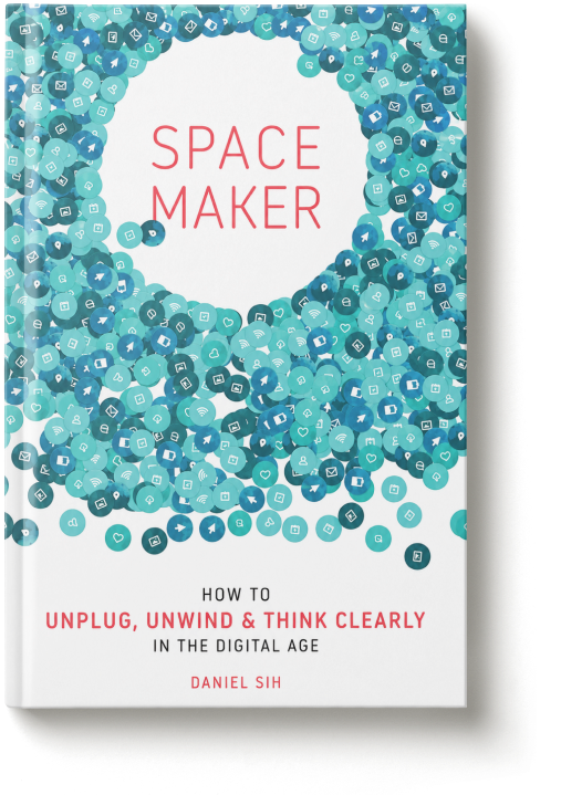Book cover titled "Space Maker" with a white background and a circular design made of various shades of blue social media and technology icons surrounding the title. Subtitle reads "How to Unplug, Unwind & Think Clearly in the Digital Age" by Daniel Sih.