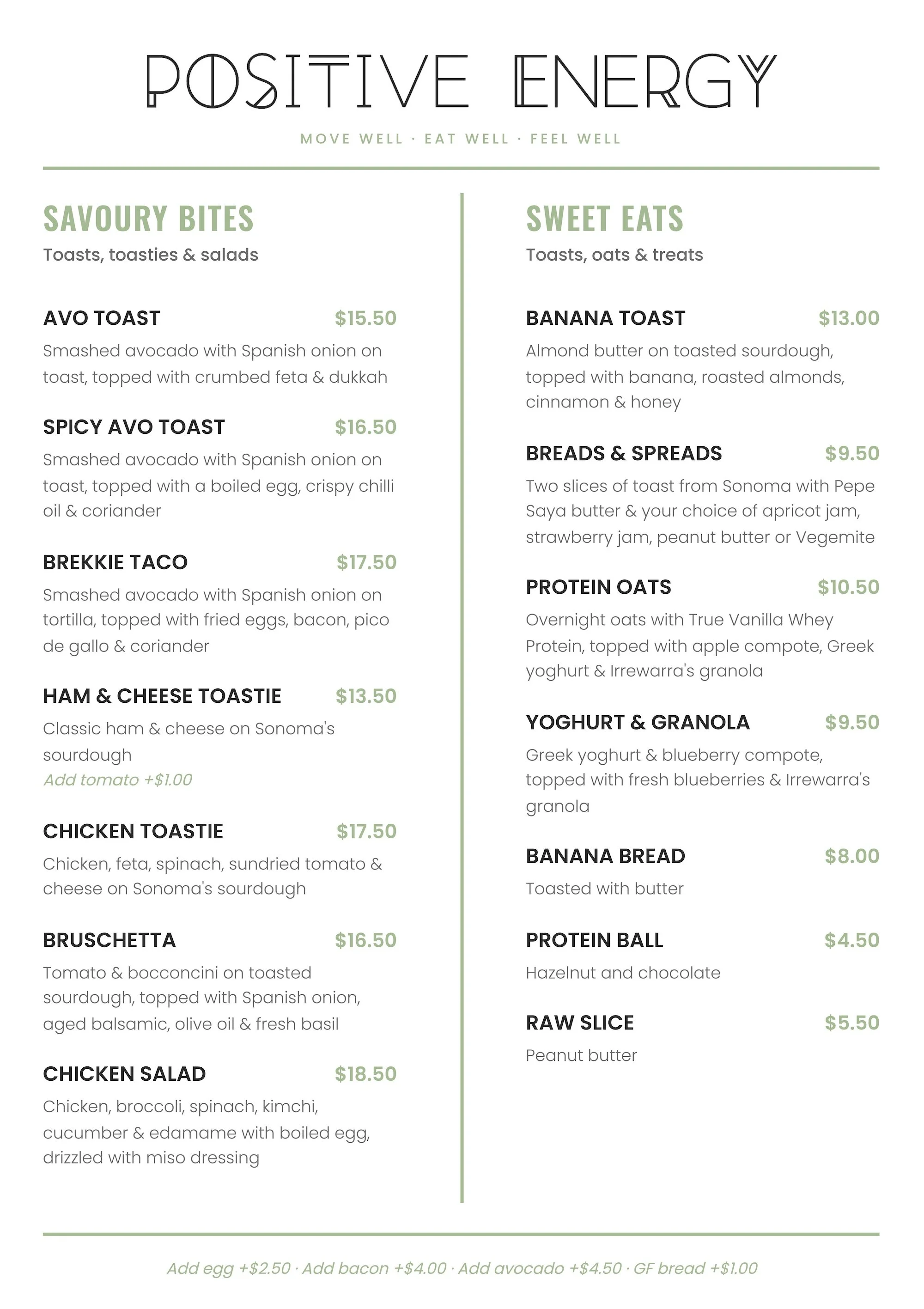 Menu featuring sections for savory bites and sweet eats, with various toast, spreads, and other breakfast items listed with prices.