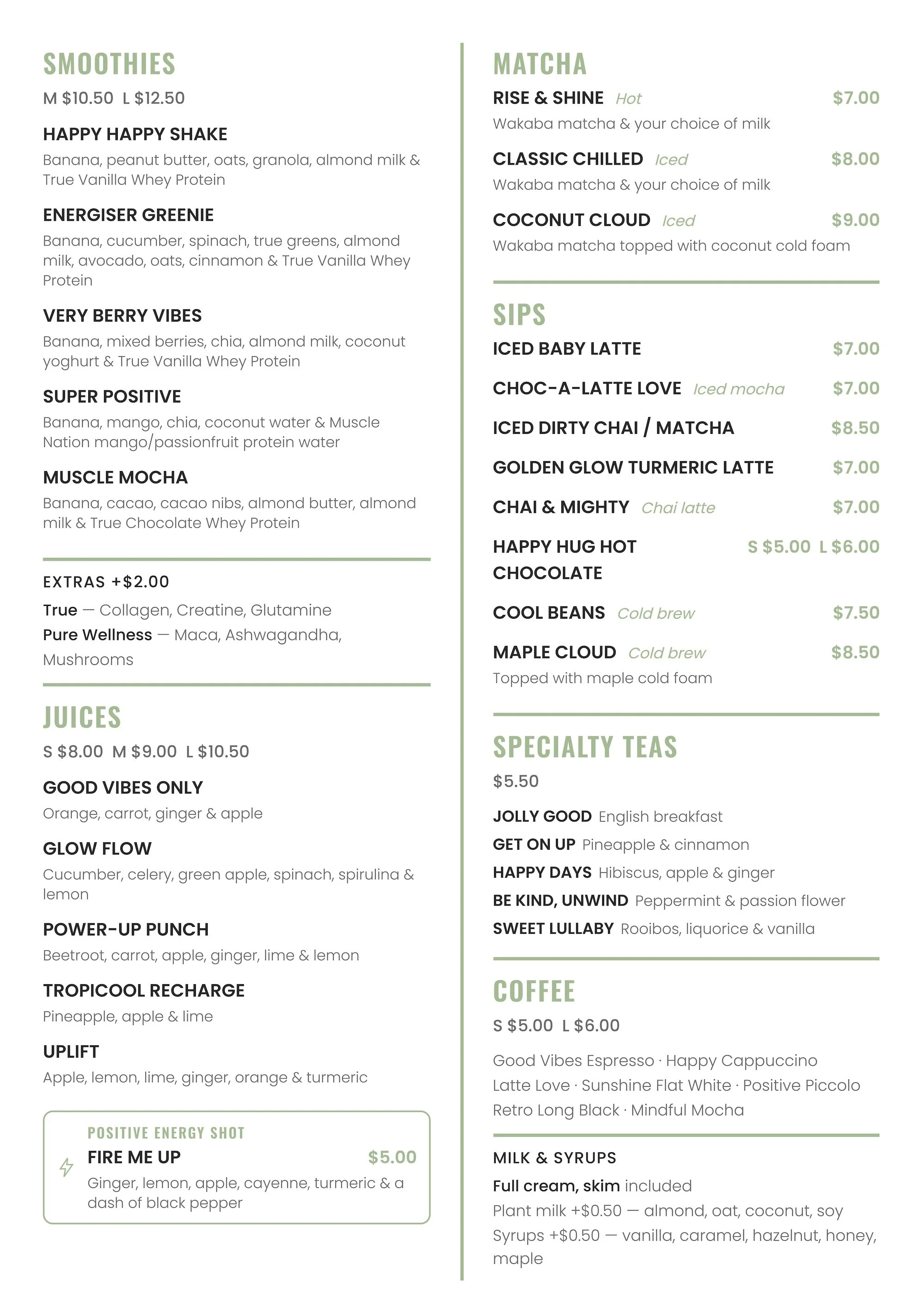 A menu featuring various smoothies, matcha drinks, specialty teas, coffees, and additional options with prices listed.