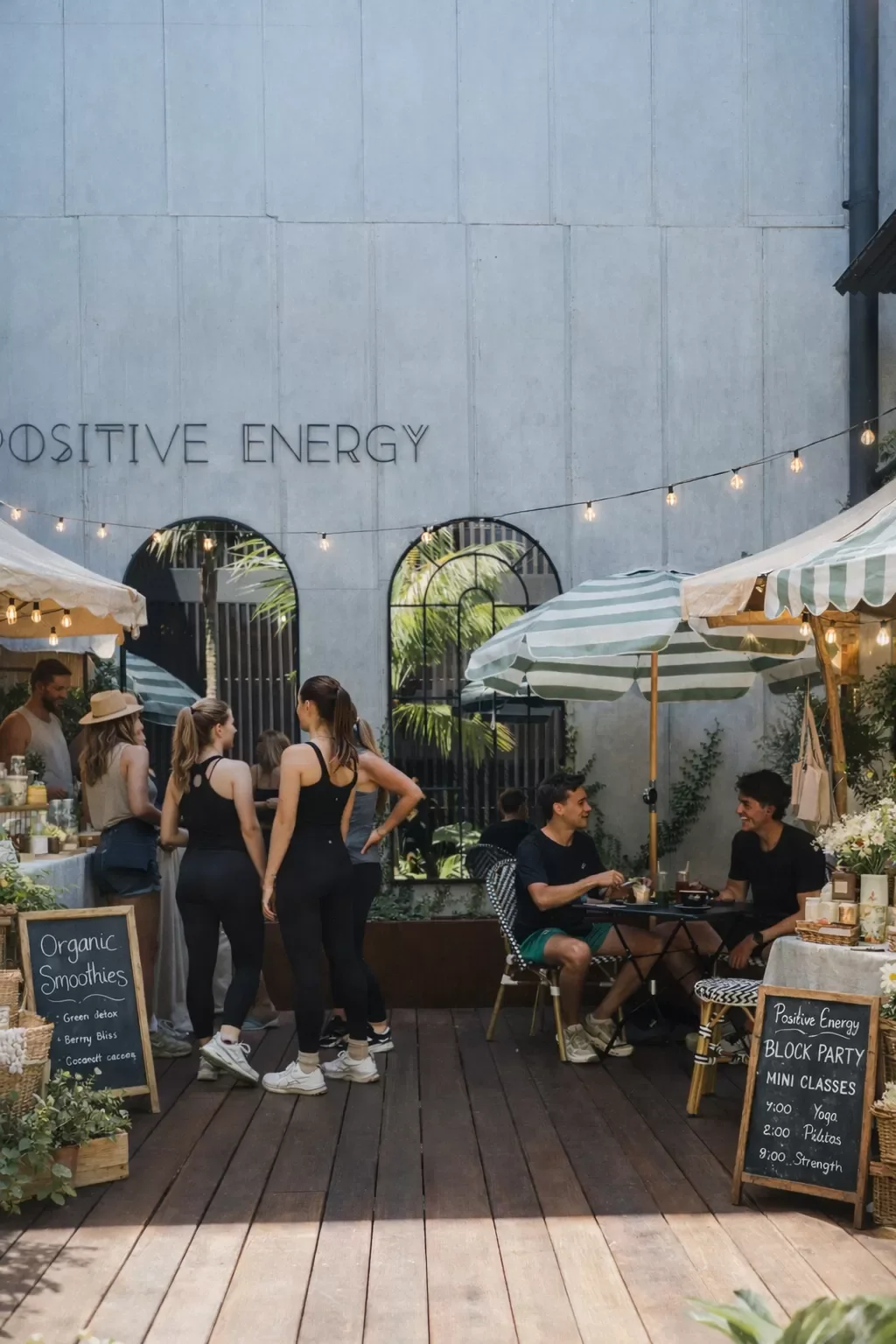 People socializing outdoors at a cafe with umbrellas and string lights, against a concrete wall with the words 'Positive Energy'.