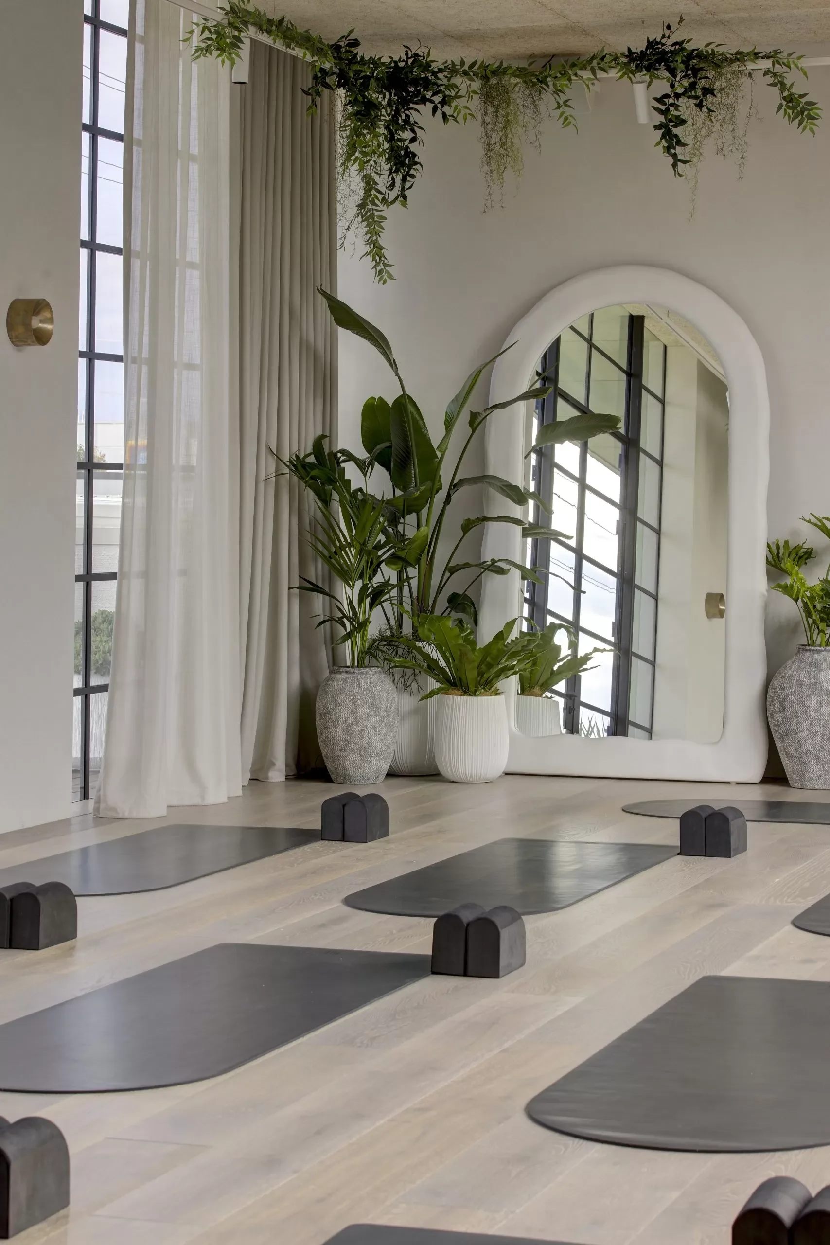 A spacious yoga or fitness studio with black yoga mats and blocks, large windows, white curtains, and indoor plants including palm and large-leaf varieties near a large mirror.
