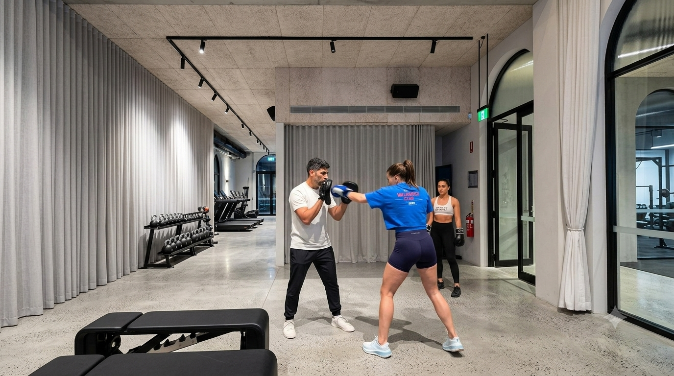 A gym with two women boxing, one woman is throwing a punch while a trainer is holding mitts, and another woman observing. The gym has exercise equipment lined against the wall and large windows with curtains.