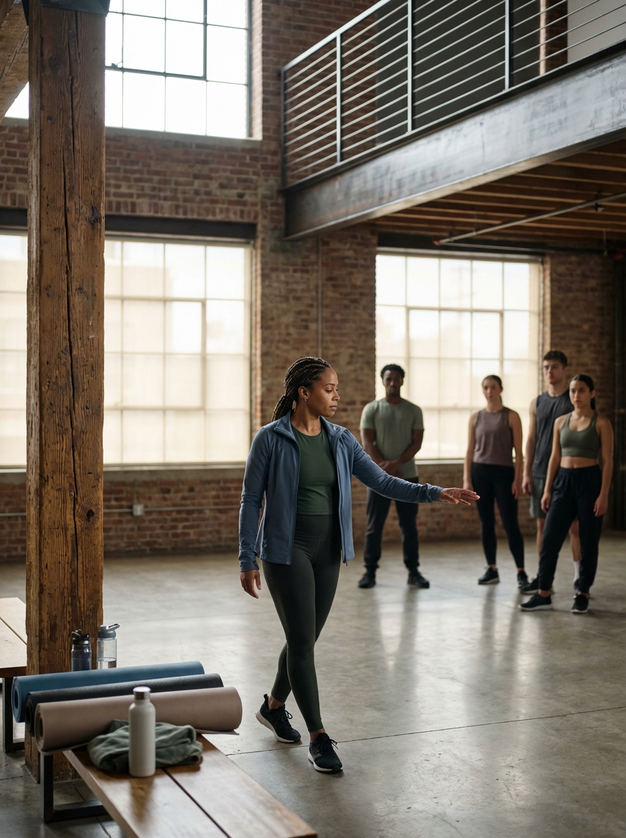 A woman leading a fitness class in a spacious, industrial-style studio with exposed brick walls and large windows. A group of diverse participants watches her.