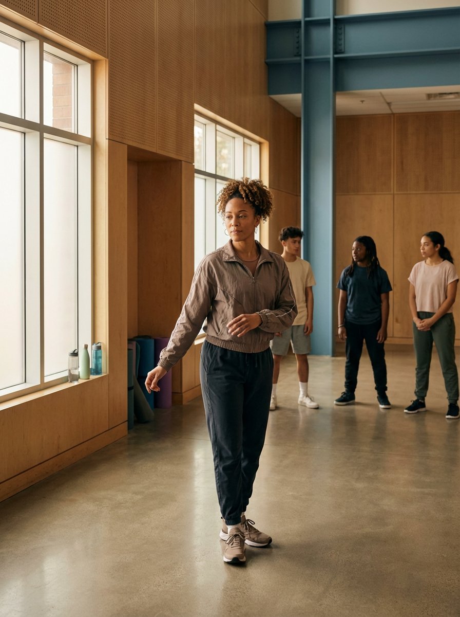 A woman in athletic wear leading a fitness class in a gym, with four students standing behind her.