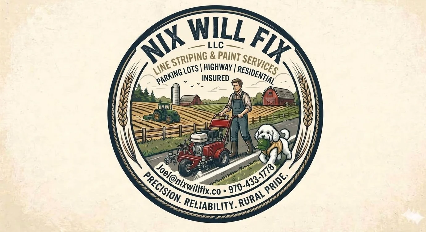 A circular logo for Nix Will Fix LLC featuring a man using a lawn mower, a dog with a ball in its mouth, and a rural landscape with fields, trees, houses, and a tractor.