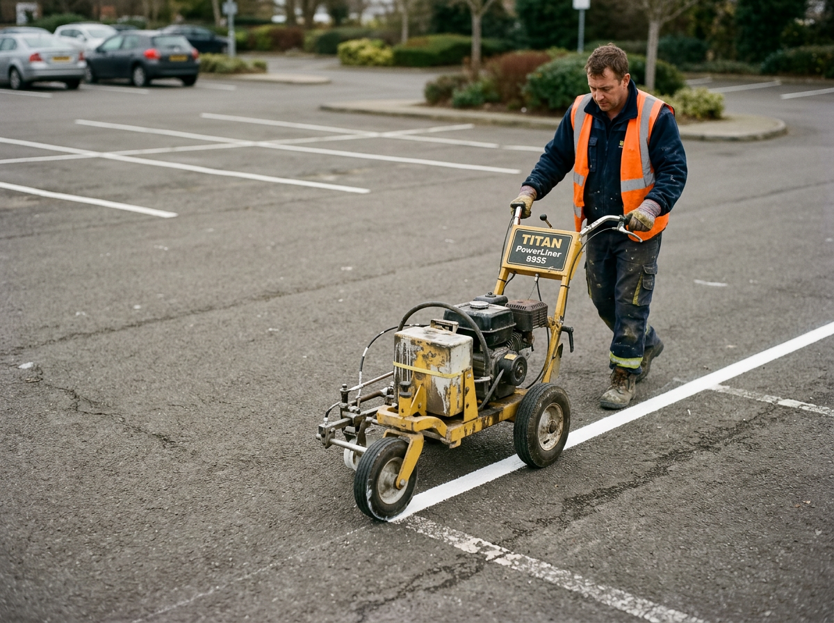 A worker in a safety vest uses a line marking machine to paint parking lot lines on asphalt.