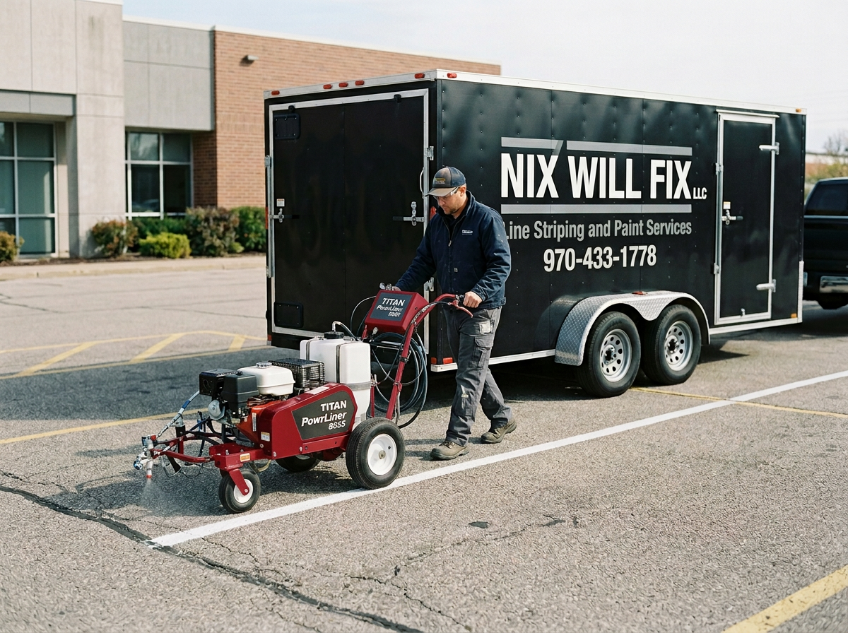 A man operating a line striping machine in a parking lot near a black trailer with the text 'NIX WILL FIX LLC' and a phone number, in front of a building with windows and some bushes.
