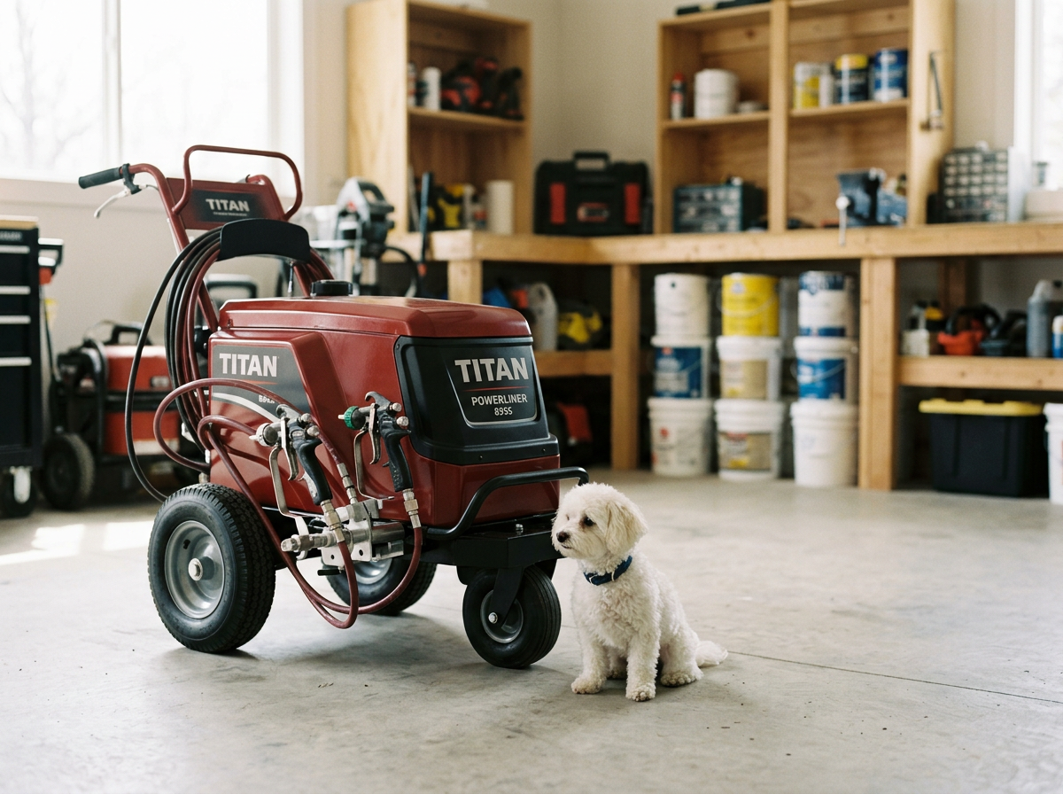 A small white puppy sitting on the concrete floor next to a red pressure washer in a garage or workshop with shelves filled with paint, tools, and supplies.
