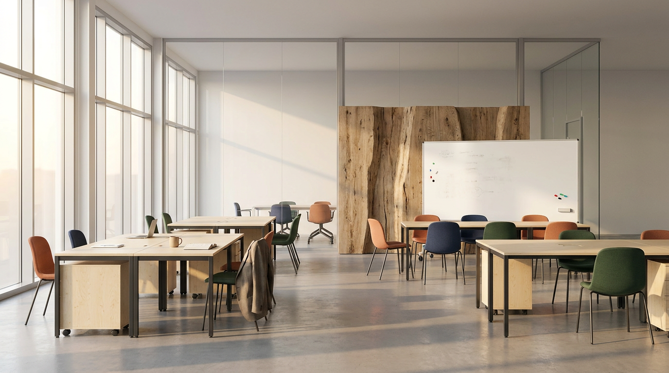 Empty office or classroom with several desks and colorful chairs, whiteboard on a stand, large windows letting in natural light, and wooden accent wall.