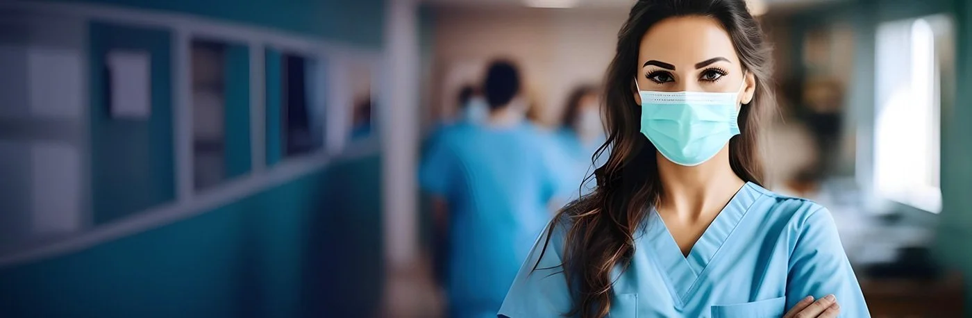 A female healthcare worker wearing a blue scrub uniform and a face mask, standing in a hospital corridor with other people in the background.