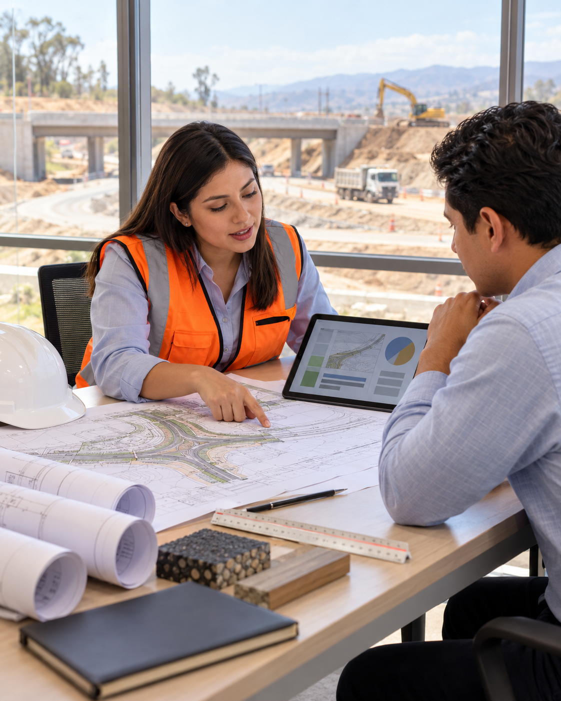 Dos ingenieros en una mesa discuten planos de construcción y diseño de infraestructura, con maquinaria pesada en construcción vista por la ventana.