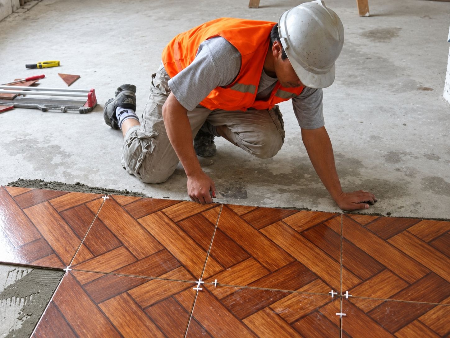 Un trabajador coloca baldosas de madera en el suelo con herramientas de construcción.