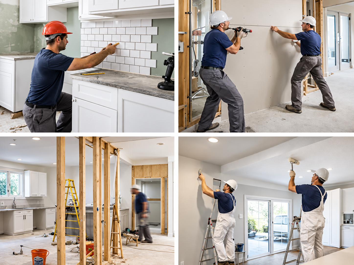 Cuatro fotos de personas trabajando en construcción y remodelación de interiores. En la primera, un hombre con casco rojo instala baldosas en una cocina. En la segunda, dos hombres con cascos blancos trabajan en una pared de drywall. En la tercera, trabajadores están en una estructura de pared de madera en una cocina. En la cuarta, dos hombres con casco blanco pintan el techo y las paredes en una sala.