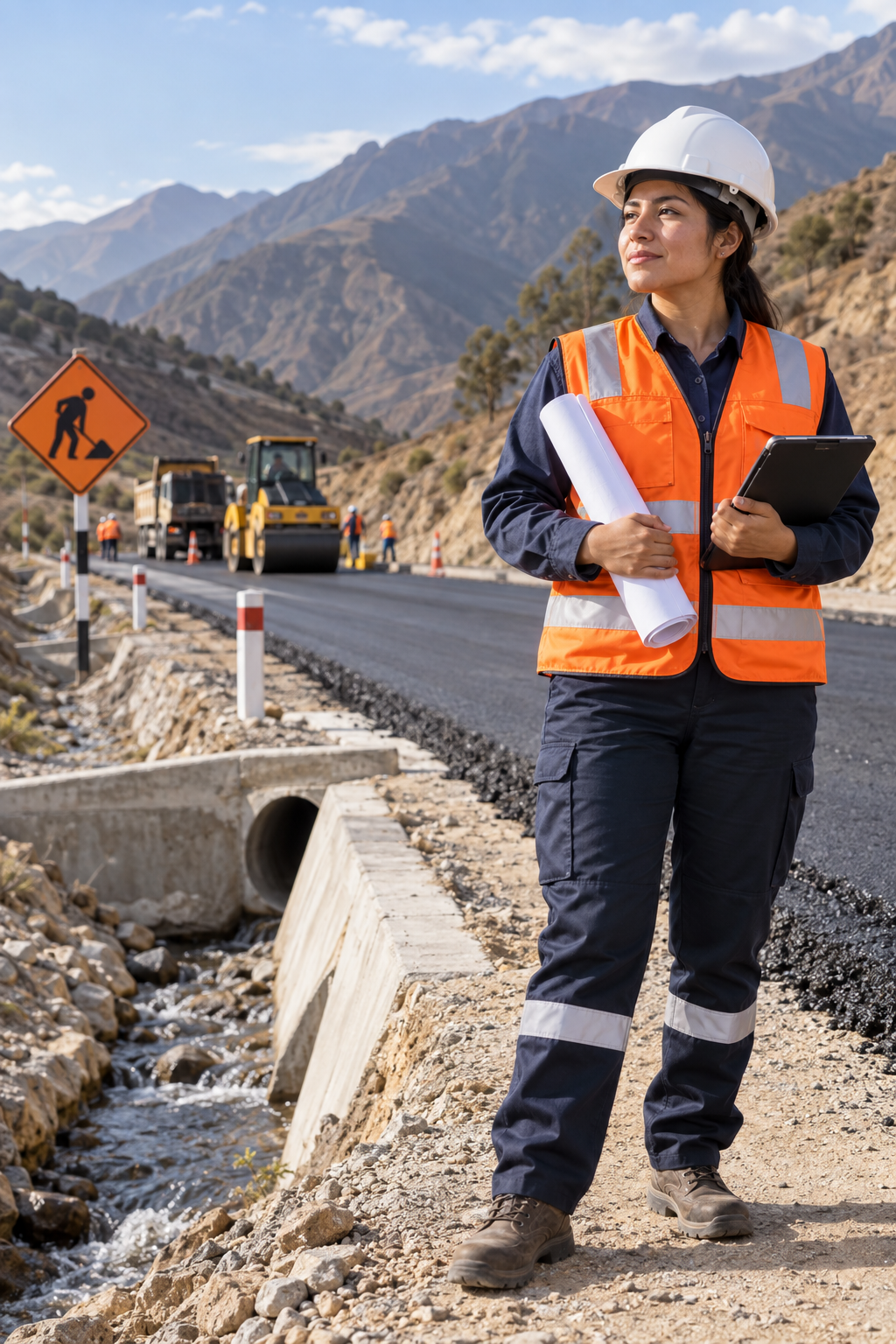 Mujer ingeniera en casaca naranja y casco blanco inspeccionando una carretera en una zona de montañas, con maquinaria y trabajadores en el fondo.