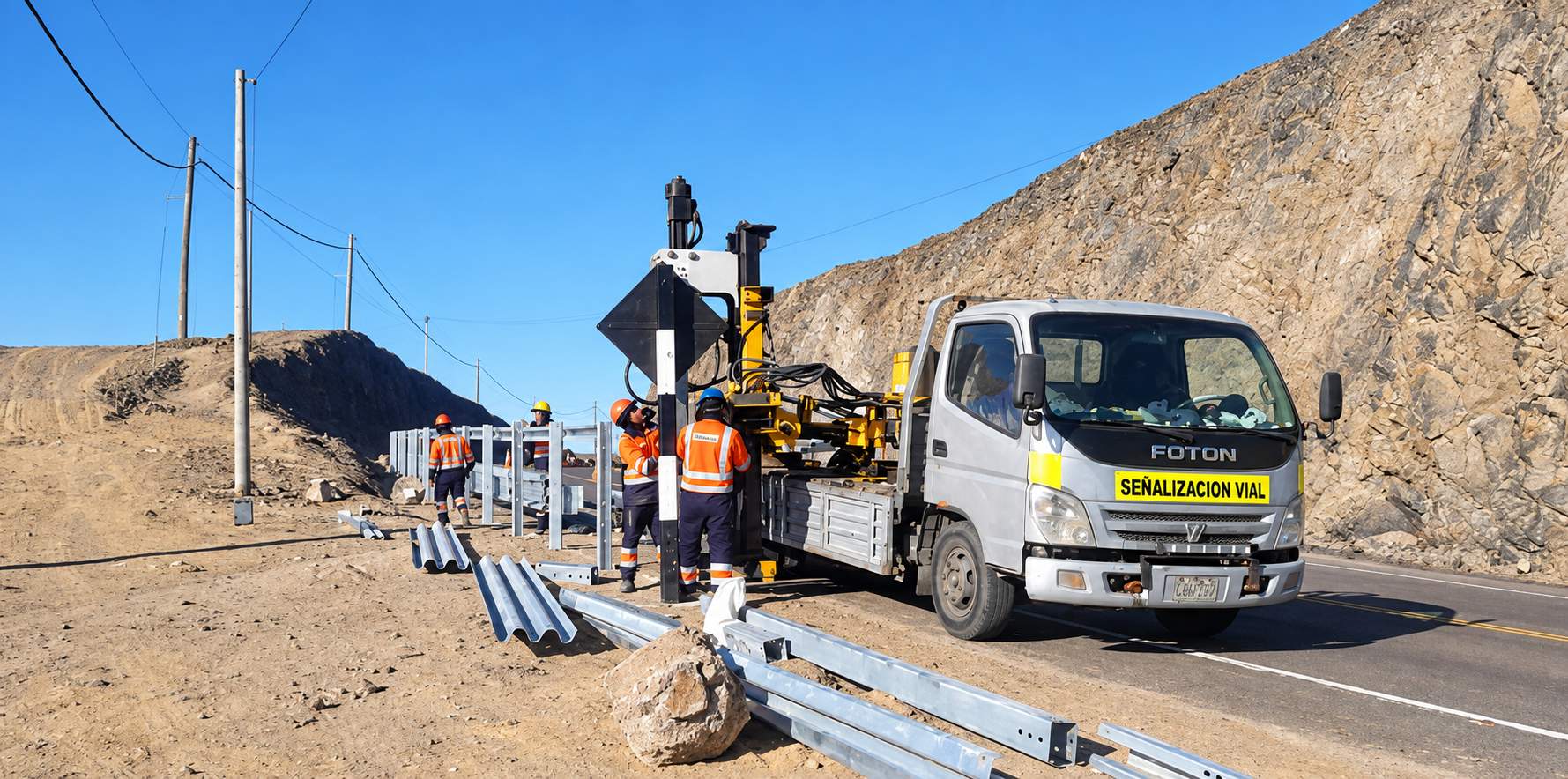 Trabajadores de la construcción instalando señalización vial en una carretera en zona rural, con montaña y cables eléctricos en el fondo.