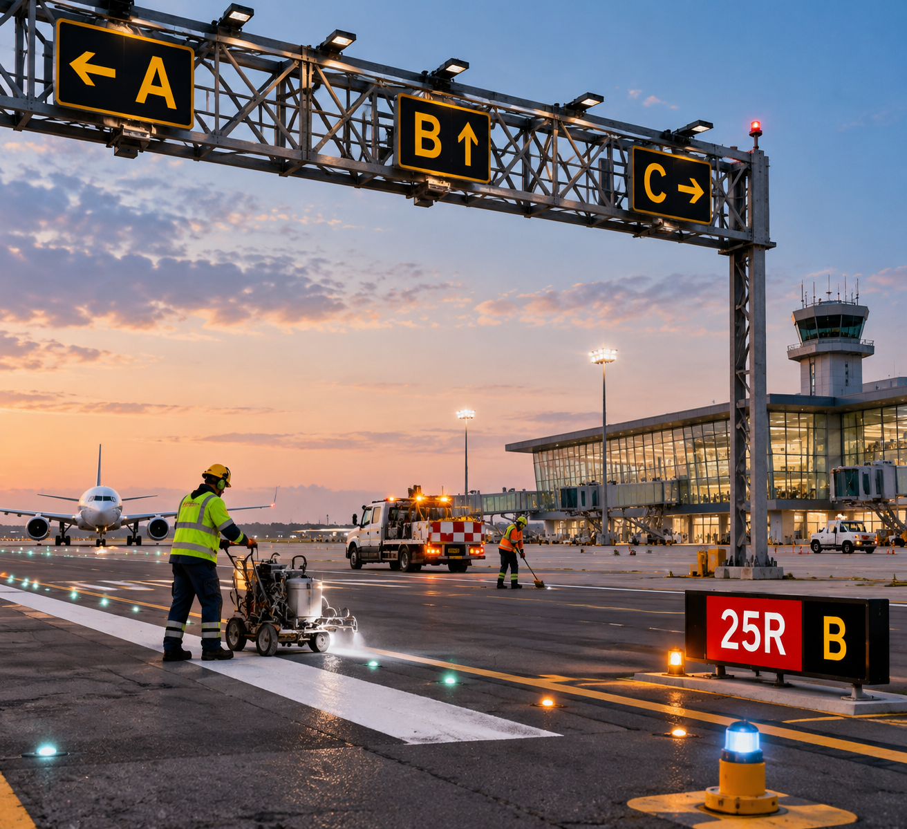 Trabajadores de aeropuerto limpiando la pista con aviones y torre de control al fondo durante el atardecer.