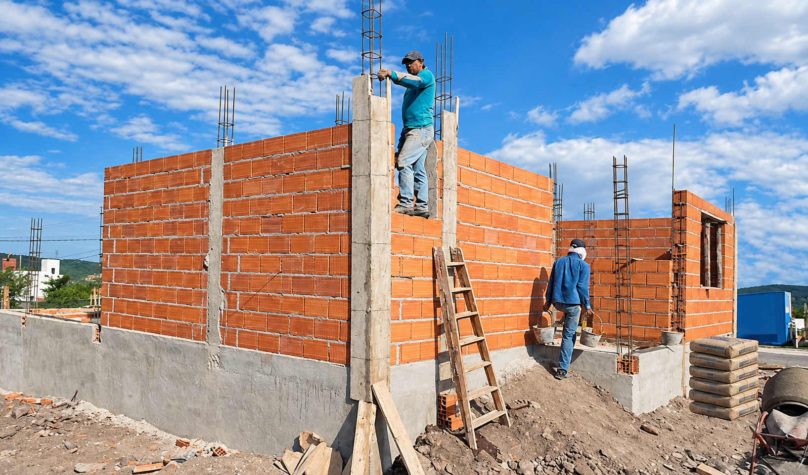 Construcción de una estructura de ladrillos con dos obreros en un día soleado.