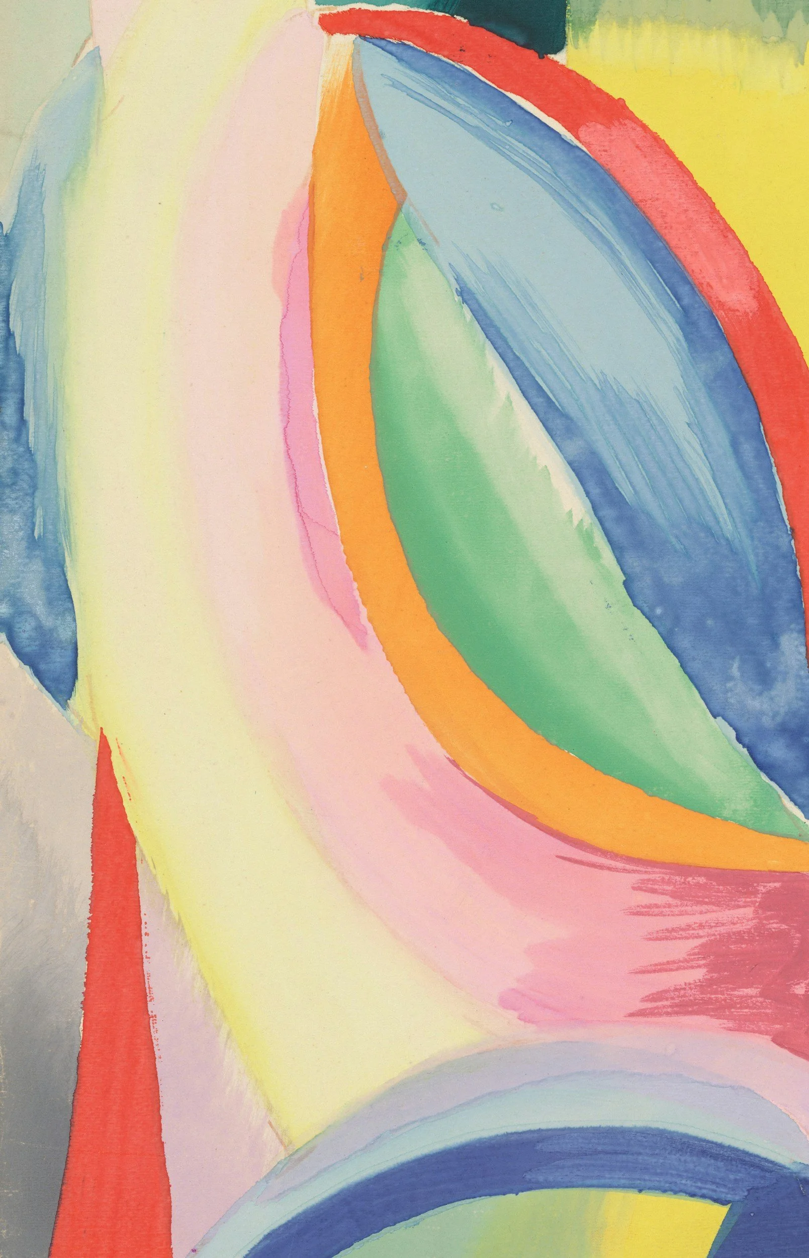 Abstract watercolor painting with curved shapes in pastel yellow, pink, green, blue, red, and orange.
